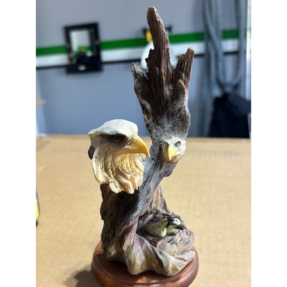 Bald Eagle Family Nesting Figurine Resin Sculpture on Wood Base 8 Inch - Picture 2 of 7